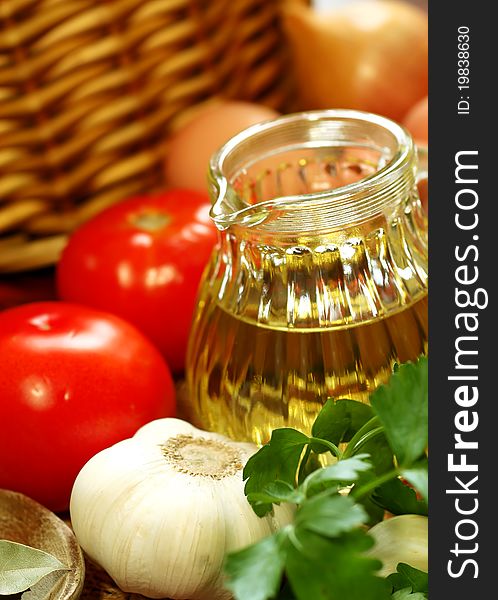 Olive oil and vegetables - food ingredient