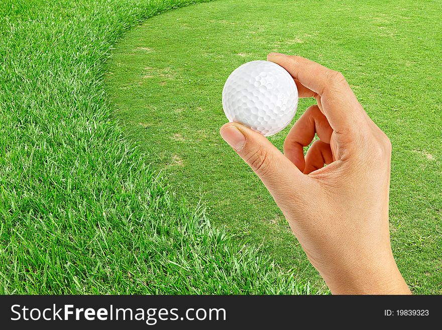 Hand holding  golf ball in green area of golf course. Hand holding  golf ball in green area of golf course