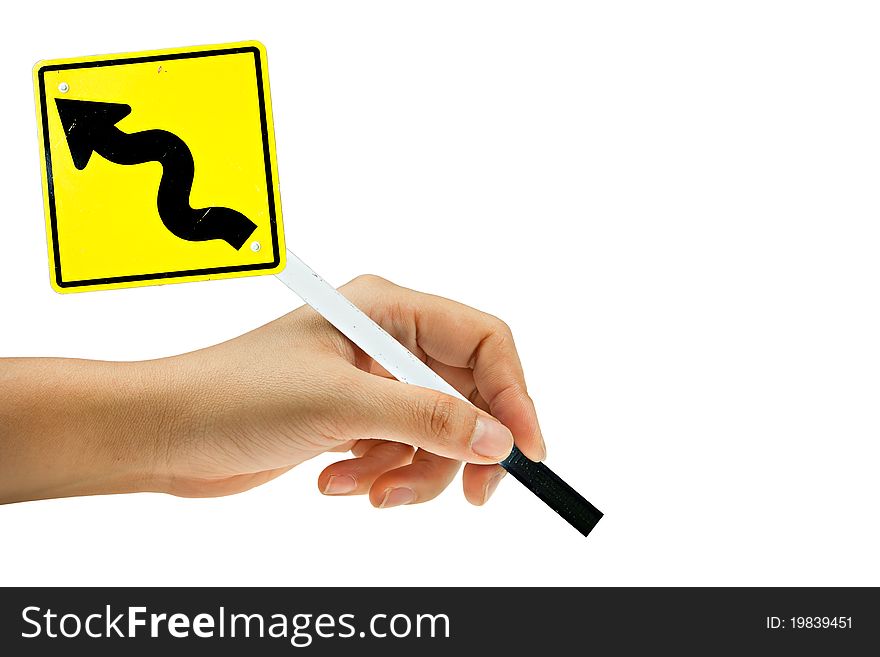 Cruve traffic sign in woman hand. Cruve traffic sign in woman hand