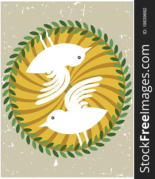 Illustration of two white birds within brown swirl green garland accented by tan grungy backdrop. Illustration of two white birds within brown swirl green garland accented by tan grungy backdrop