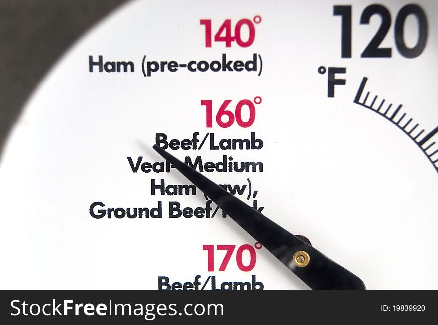 Close up view of a coooking thermometer with various temperatures for different foods. Close up view of a coooking thermometer with various temperatures for different foods.
