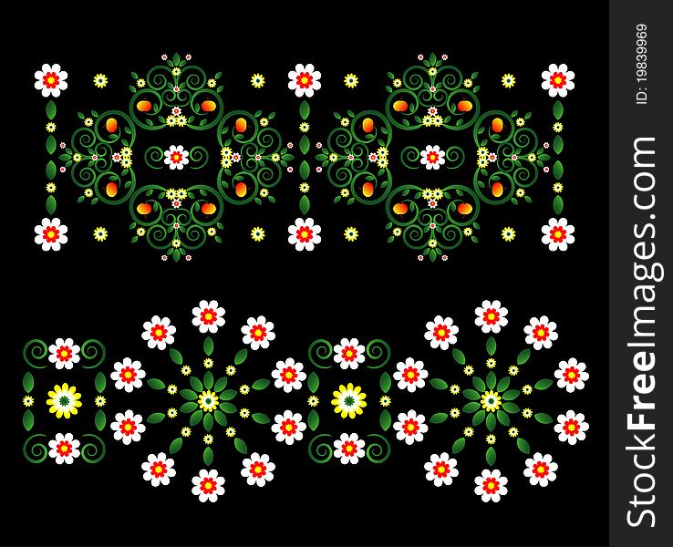 Horizontal ornament with flower on black background