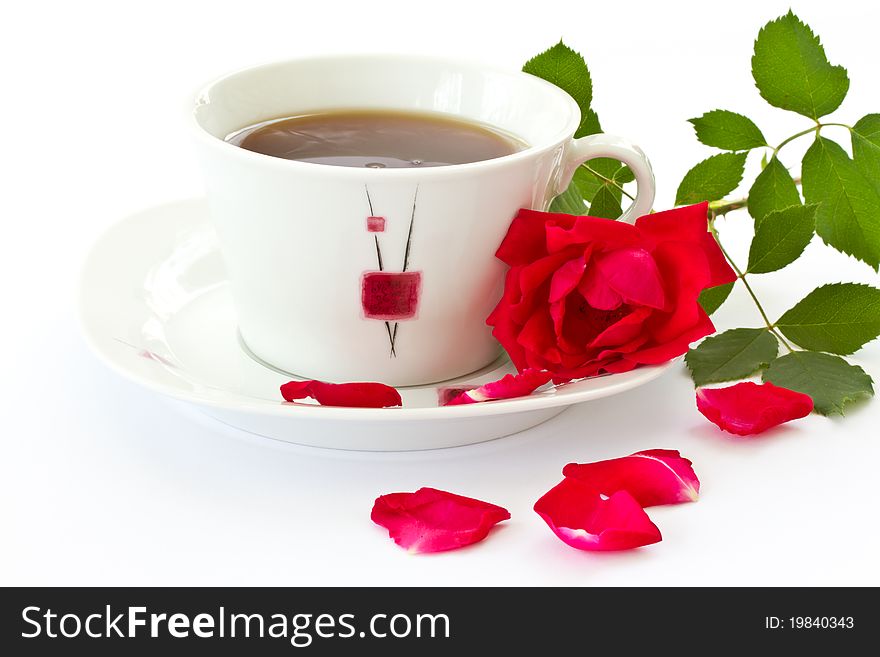 Rose tea, and red rose with petals