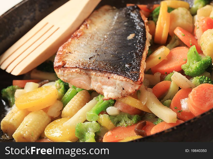 Roasted Salmon Trout Fillet And Mixed Vegetables