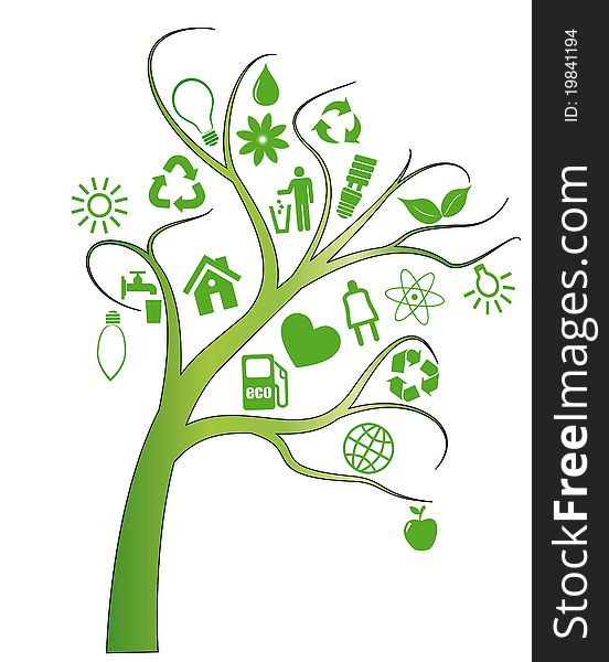 Illustration of tree with ecology symbols. Illustration of tree with ecology symbols