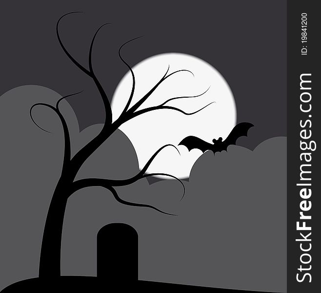 Illustration of dark tree with grave and bat