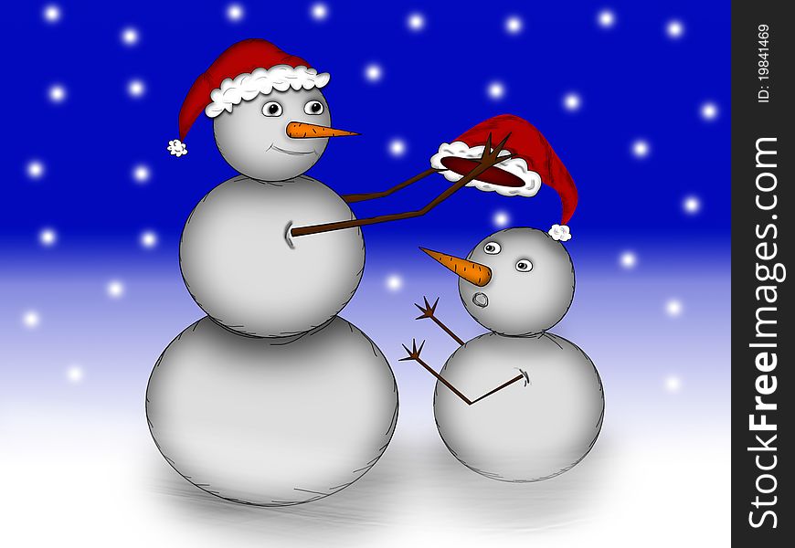 Two snowman in the snow at night in a red cap