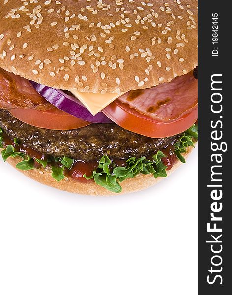 Beef and bacon burger isolated over white background. Beef and bacon burger isolated over white background