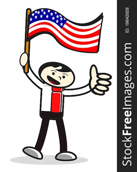 Cartoon man hold us flag in 4july. Cartoon man hold us flag in 4july