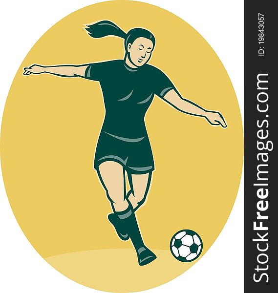 Illustration of a woman girl playing soccer kicking the ball cartoon style