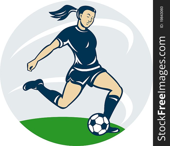 Illustration of a woman girl playing soccer kicking the ball cartoon style