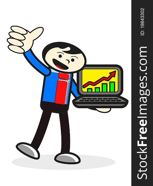 Illustration of cartoon businessman bring laptop presentation. Illustration of cartoon businessman bring laptop presentation