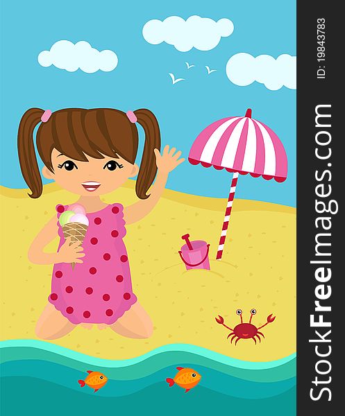 A  illustration of a little girl playing on the beach