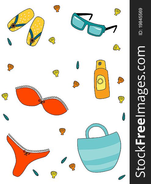 Set of beach items,  illustration. Set of beach items,  illustration.