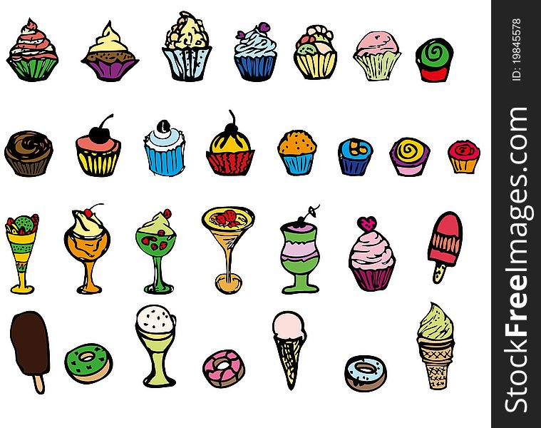Large collection of hand drawn multicolored sweets and desserts. Large collection of hand drawn multicolored sweets and desserts