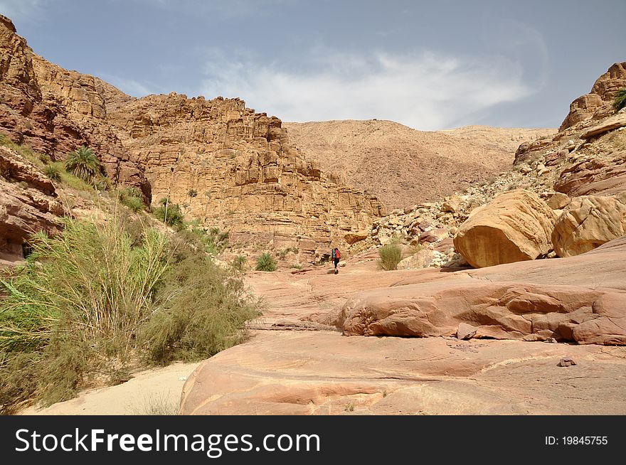 Hiker in deep canyon in desert mountains, Jordan.