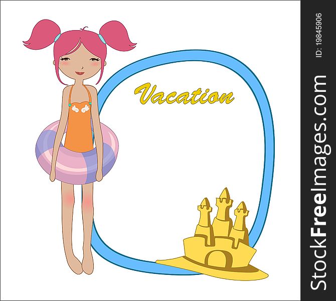060271 Vector Illustration of funny Kiddie style design summer background with the little girl and the sandcastle