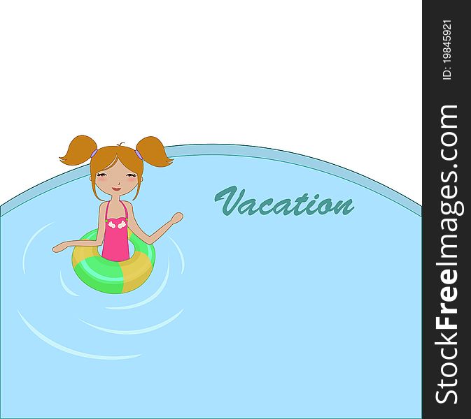 Vector Illustration of funny Kiddie style design summer background with the little girl in the water
