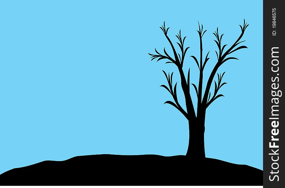 A silhouette of a black tree with blue background. A silhouette of a black tree with blue background