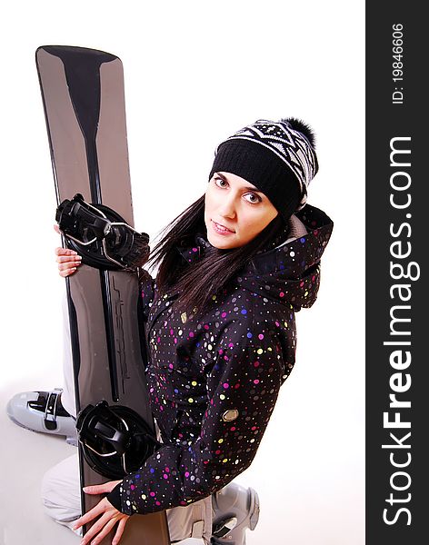 Professional model with snowboard.