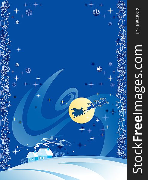Beautiful Christmas card with Santa Claus and his reindeer.Against the blue sky, shooting stars, white trees, houses and snowflakes.