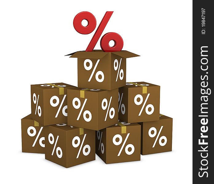 Stack of cardboard boxes with percent symbol label. the box on top is open and there is a big red percent symbol (3d render). Stack of cardboard boxes with percent symbol label. the box on top is open and there is a big red percent symbol (3d render)