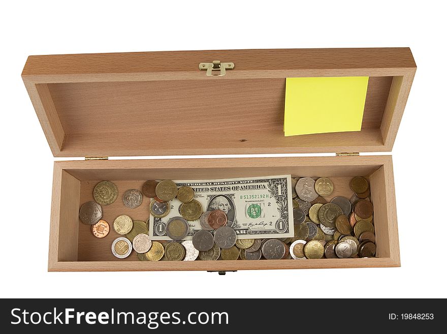 Open Wooden box with dollars and coins , isolated on white background. Open Wooden box with dollars and coins , isolated on white background