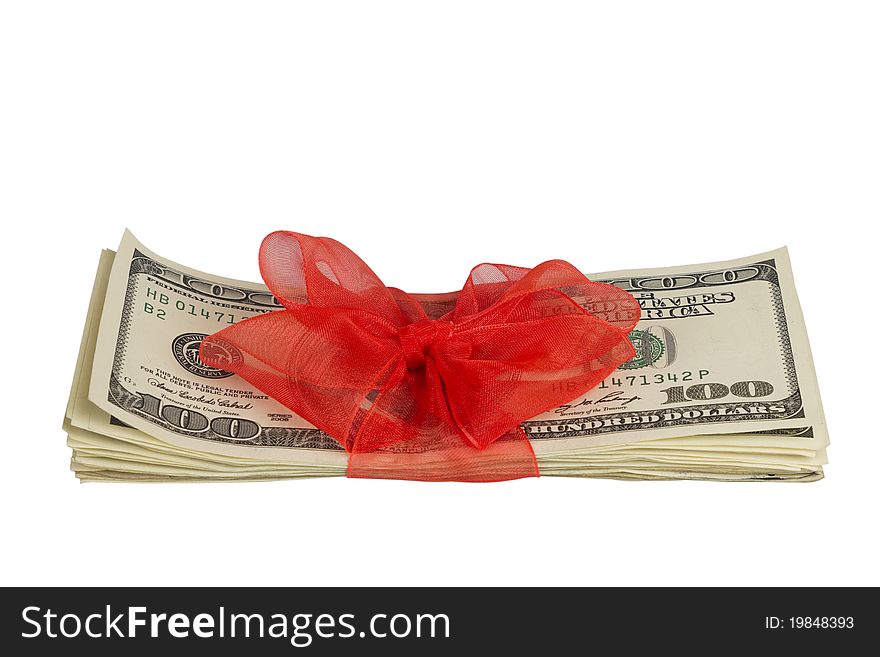 Stack of money wrapped in red bow , Isolated on white background. Stack of money wrapped in red bow , Isolated on white background.