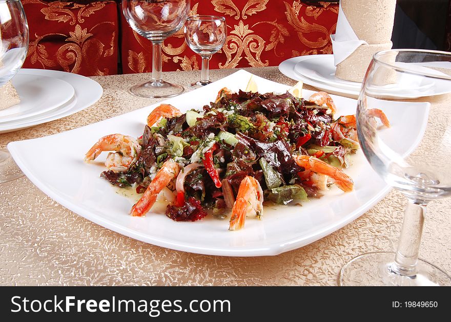 Shrimp salad on a table. Restaurant