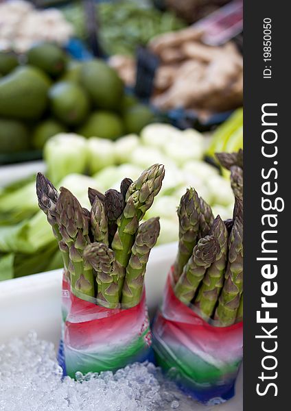 Assortment of fresh asparagus at the market