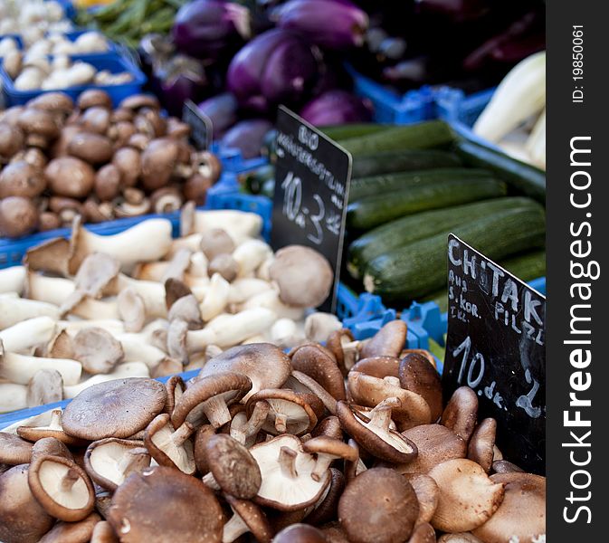 Assortment of fresh mushrooms at the market