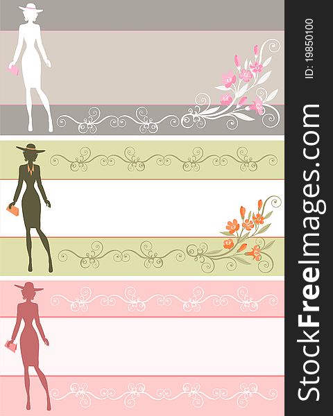 A set of banners with the silhouette of a lady in a hat