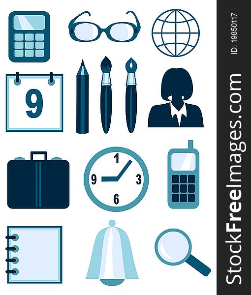 Business and office icons in black and white