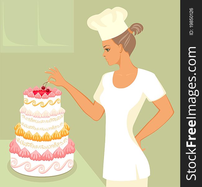 Baker  with cherry wedding cake. Baker  with cherry wedding cake