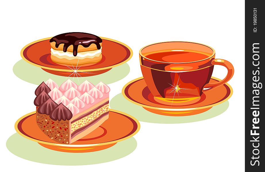 Cup of tea with two cakes. Cup of tea with two cakes.
