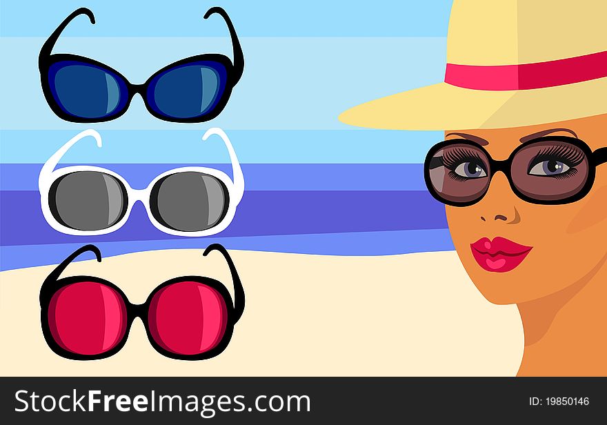 Girl in a straw hat and different models of sunglasses