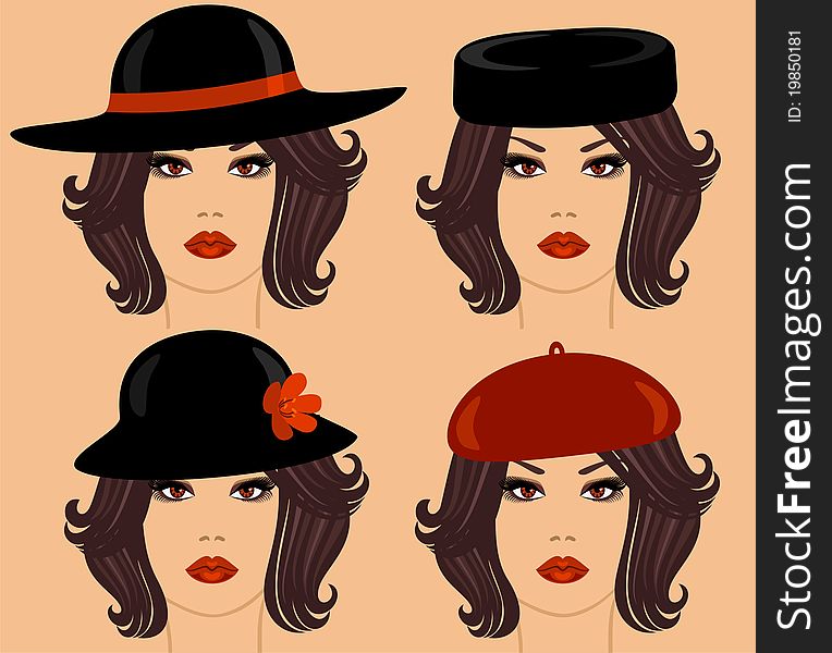 girl's head in different hats. girl's head in different hats