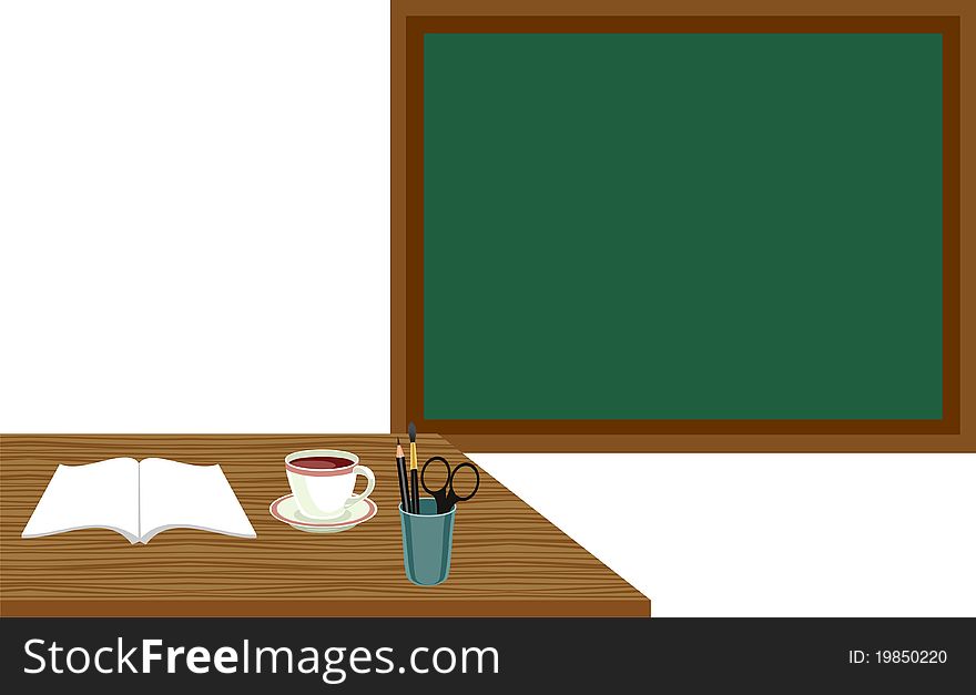 fragment of a classroom with a teacher's desk and blackboard