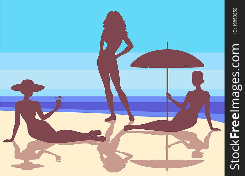 Silhouettes of three slender girls on the beach. Silhouettes of three slender girls on the beach