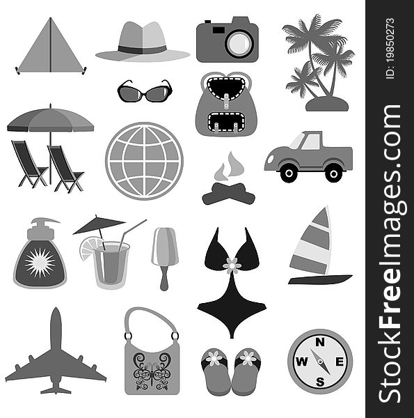 Travel And Beach Icons in black and white