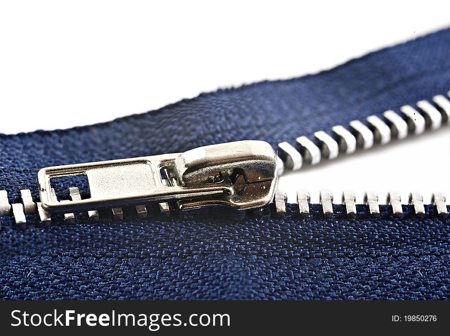 Blue zipper on a white background with space for text. Blue zipper on a white background with space for text