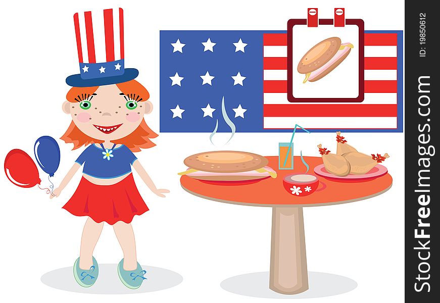 National Hot Dog Day,girl and table with fast food