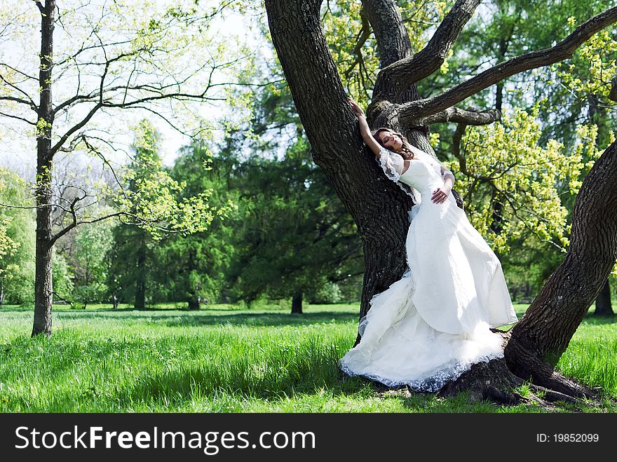 Beautiful young bride with bridal veil leaned against a tree in the park. Beautiful young bride with bridal veil leaned against a tree in the park
