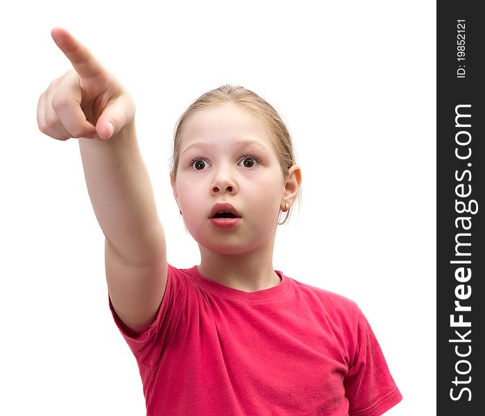 The girl points a finger,isolated.