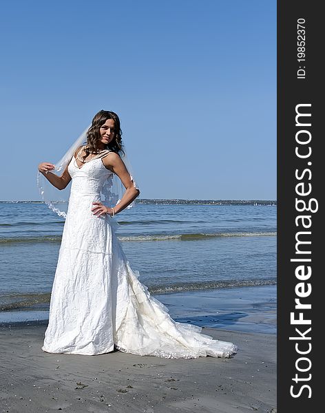 Beautiful young bride with veil stands on the beach. Beautiful young bride with veil stands on the beach