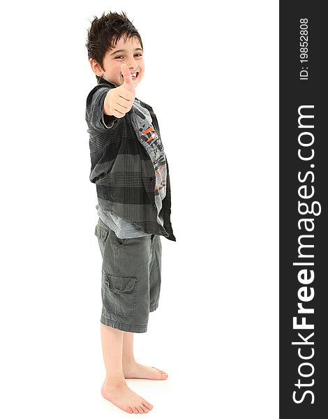 Happy attractive 8 year old boy standing over white giving thumbs up hand gesture. Happy attractive 8 year old boy standing over white giving thumbs up hand gesture.
