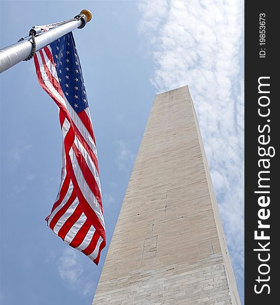 Washington Monument with American flag.