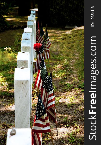Memorial military graveyard with American Flags. Memorial military graveyard with American Flags