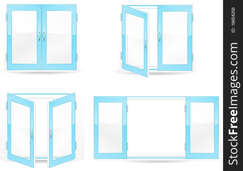 Set of open and close blue windows isolated on white background