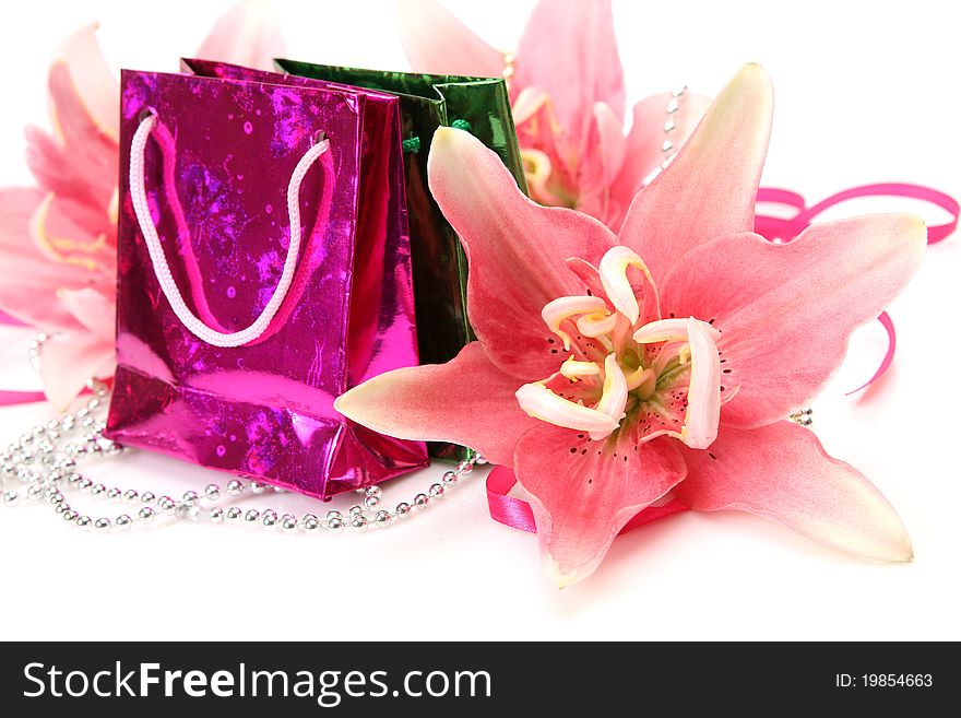 Pink lily and gift on a white background